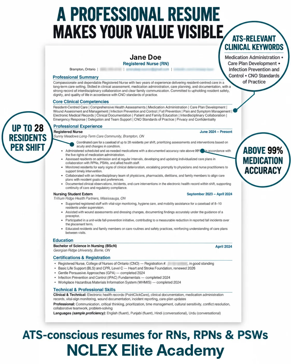 Sample registered nurse resume with ATS-relevant clinical keywords highlighted
